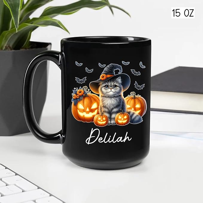 Customized Halloween British Longhair Mug with Name, Personalized British Longhair with Pumpkins Coffee Cup, Witch Cat Ceramic Mug, Pet Halloween Black Cup 11oz 15oz, Gift for Cat Dad Mom-CubbioJoy