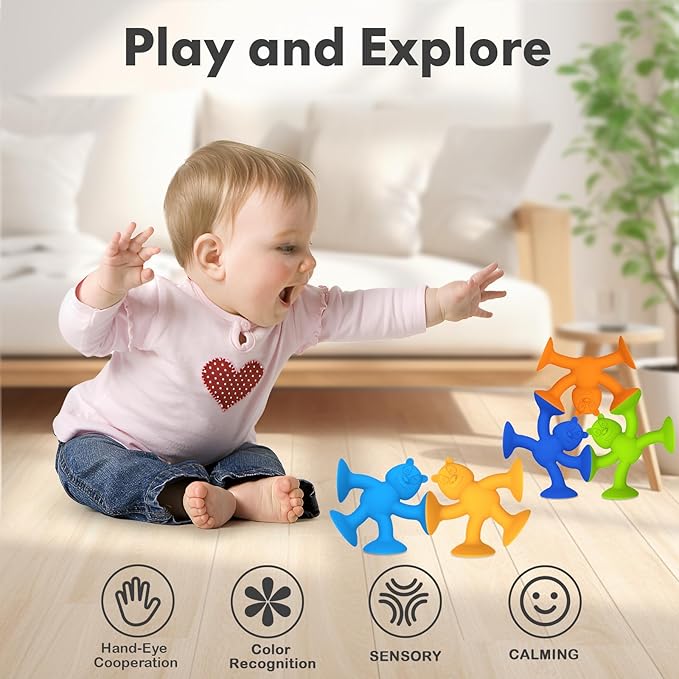 Cute Bear Suction Cup Toy Bath Toys for Kids Ages 4-8 No Hole Bathtub Sensory Toy Airplane Toys for Toddlers 1-3, Connect Build Create Baby Toys, 12 PCS-CubbioJoy