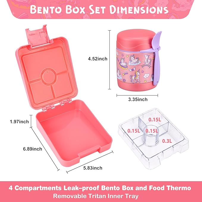 Bento Lunch Box Set With 10oz Soup Thermo, Leak-proof Lunch Containers with 4 Compartment, Kids Hot Thermo Food Jar/Insulation Lunch Bag, Food Containers for School-CubbioJoy