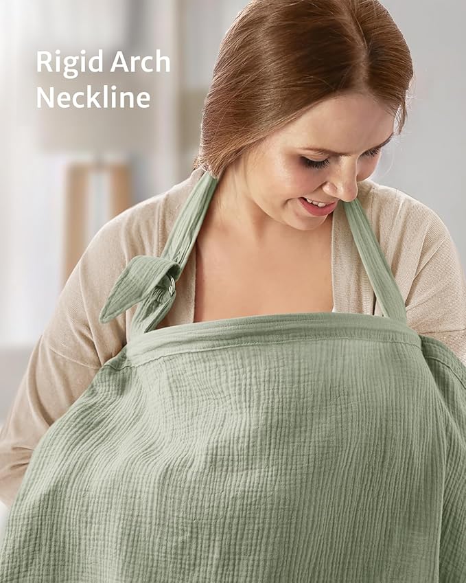 Blissful Diary Muslin Nursing Cover for Breastfeeding, Breathable Breastfeeding Cover up with Arch Neckline for Women, Nursing Apron(Sage Green)-CubbioJoy