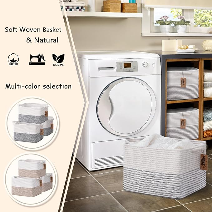 COMFY-HOMI Cotton Rope Woven Basket with Handles for Shelves,Toys,Book, Cloth Storage Baskets Bin for Organizing-13.5"x11"x9.5" Toy Decorative Organizer for Living Room, Bathroom-White/Black Line-CubbioJoy