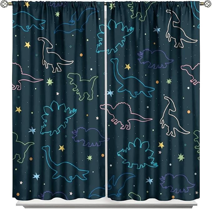 Cartoon Colorful Dinosaur Curtains for Boys Girls Home Decor, Astronaut Funny Outer Space Star Blackout Rod Pocket Window Drapes for Bedroom Living Room W21xL45in Decor-CubbioJoy