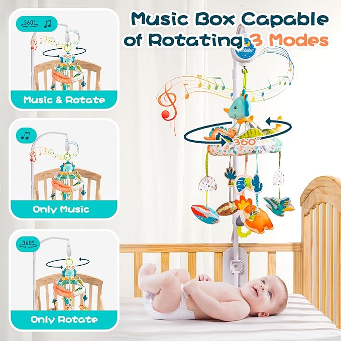 Jollybaby Nursery Baby Automatic Rotating Dinosaur Crib Mobile with Music Box & Arm, Montessori Sensory Musical Hanging Toy for Bassinet, Newborn Clip on Crib Mobile Soother Toy Gift, Polyester-CubbioJoy