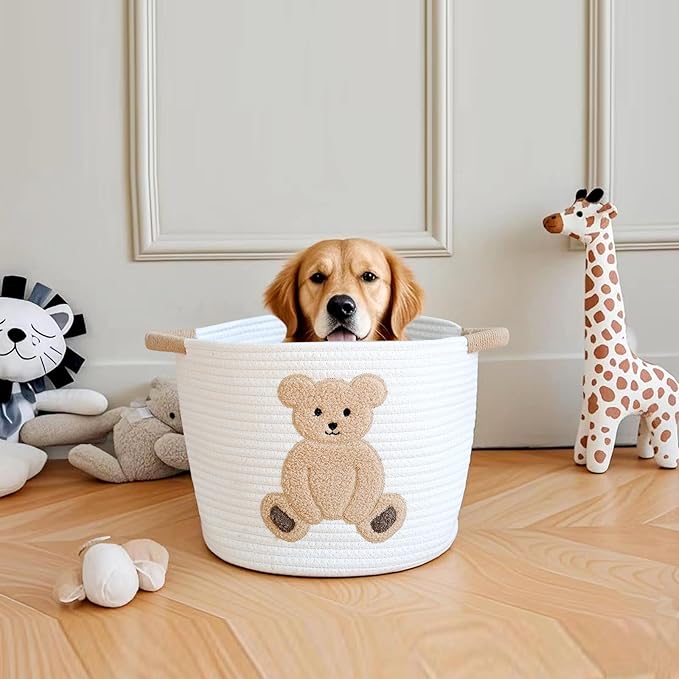 INough Cotton Rope Basket Toy Storage Baskets for kids Laundry Hamper, Gift Basket Empty Baby Shower Baskets with Handles, Cute Bins Blanket Stuffed Animal Storage for Nursery, Living Room Decor, Bear-CubbioJoy