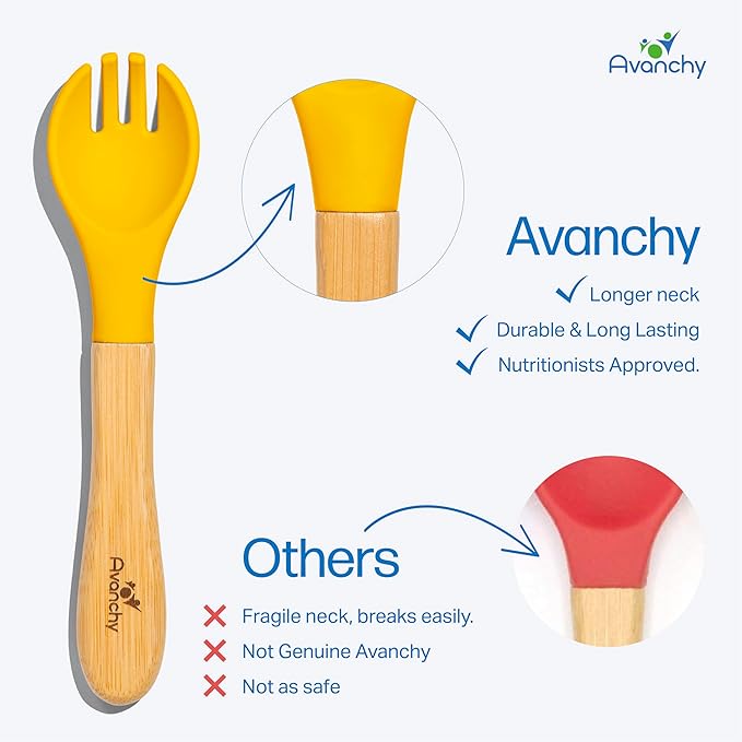 Avanchy Baby Fork Set, Bamboo and Silicone Spork Utensils, Toddler Baby Led Weaning Silverware Cutlery Flatware, Kids First Self Feeding-CubbioJoy