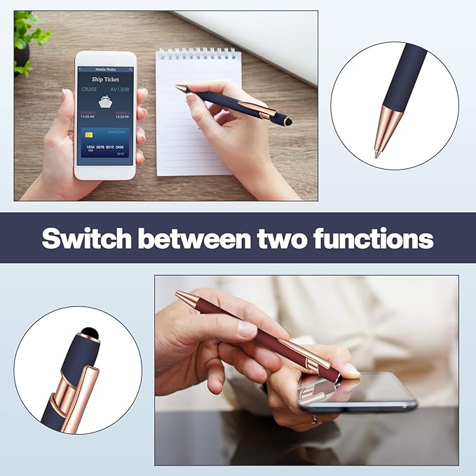 8 Pieces Ballpoint Pen with Stylus Tip Black Ink 2 in 1 Stylus Metal 1.0 mm Medium Point Smooth Pen Rainbow Colorful Rubberized Ballpoint for Touch Screen Tablet(Red, Green, Navy, Black)-CubbioJoy