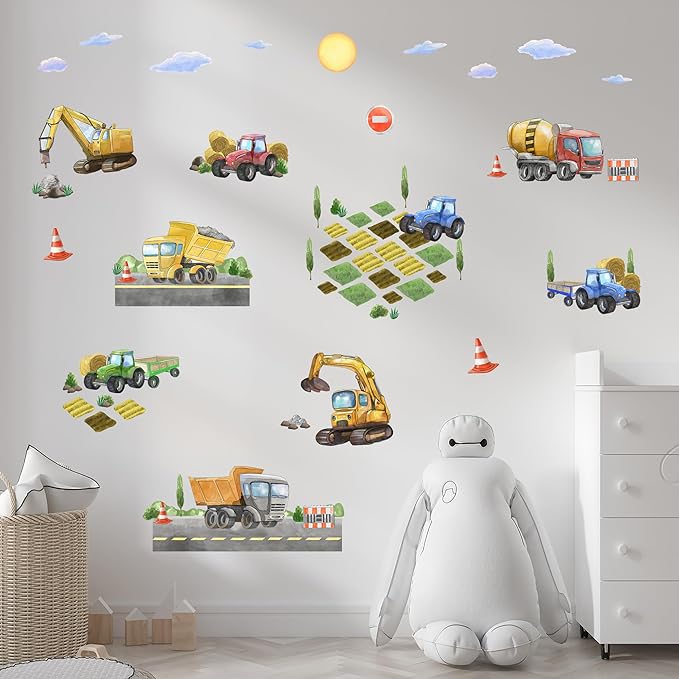 Construction Truck Wall Decals for Boys- Peel and Stick Road Vehicle Stickers for Room, Nursery, Playroom - Removable Wall Decor with Excavators, Tractors, Cars for Kids, Toddlers, Babies -S Size-CubbioJoy