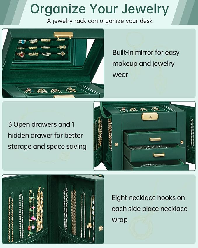 AKOZLIN 4-Tier Jewelry Box Leather Jewelry Storage Organizer with 3 Drawers Lockable for Women Girls Ring Necklace Earring Bracelet Holder with Mirror Forest Green-CubbioJoy