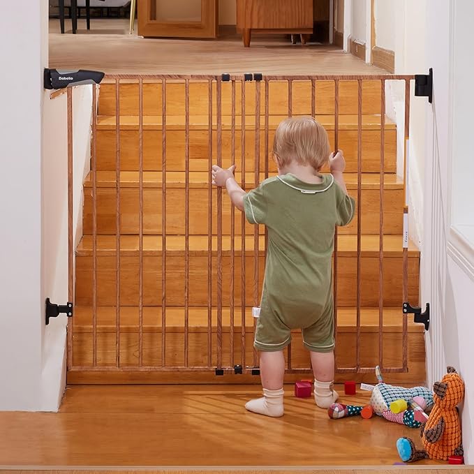 Babelio 34" Extra Tall Baby/Dog Gate with No Threshold Design Walk Thru Door, 26-43" Auto Close Safety Gate for Babies, Elders and Pets, Fits Doorways, Stairs, and Entryways, Brown Wood Pattern-CubbioJoy