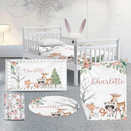 Custom Nursery Crib Bedding Set: Personalized Name 4 Piece Sika Deer & Fox Pattern Baby Crib Sets for Girls - Toddler Double Layer Blanket Set, Comfortable Crib Bed Sheets for Baby Toddlers-CubbioJoy