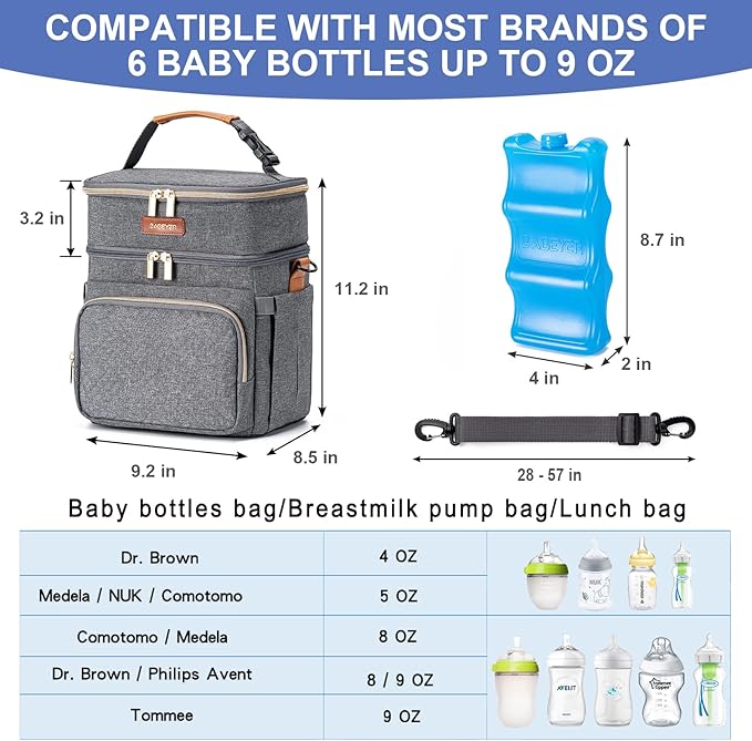 Insulated Breastmilk Cooler Bag with Ice Pack - Holds 6x9oz Bottles, Leakproof Double Layer, Baby Bottle Cooler Bag with Adjustable Strap for Nursing Moms, Daycare & Travel-CubbioJoy