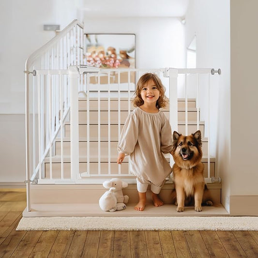 Babelio Metal Baby Gate, 29-48“ Auto Close Easy Install Pet Gate, Extra Wide Walk Thru Child Safety Gate, Pressure Mounted Dog Gate for Doorways & Stairs, with Y Spindle Rods, White-CubbioJoy