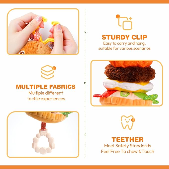 Jollybaby Baby Musical Pull String Hanging Toys for Stroller Car Seat Crib Play Gym, Plush Stuffed Hamburg Bear Toy for Carseat with Music Teether Crinkle, Sensory Toy for 0-6-12-18 Months Baby Gifts-CubbioJoy