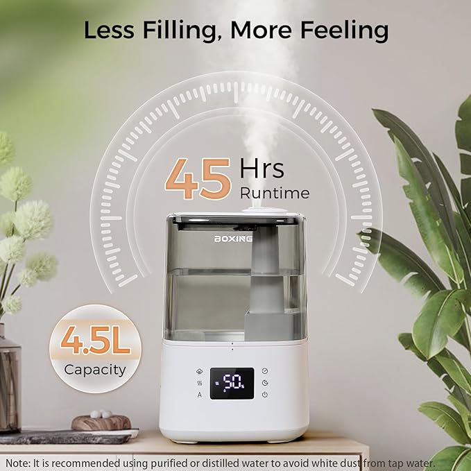 BOXING Warm and Cool Mist Humidifiers for Bedroom Large Room Home, Air Humidifier with Remote, Top Fill Ultrasonic Diffuser Humidifier with humidistat,Quiet Sleep Bedside Nightstand,Timer,Filter,4.5L-CubbioJoy