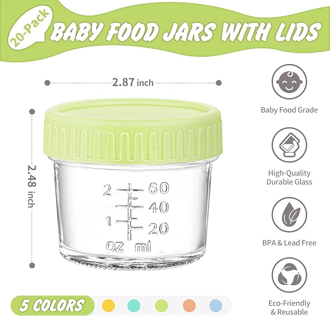 DRKIO 20 Pack Glass Baby Food Storage Containers 4 Oz Baby Food Jars with Lids Baby Food Maker Microwave Dishwasher Freezer Safe 100% Leak-Proof BPA Free-CubbioJoy