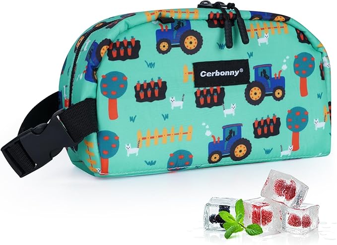 Cerbonny Small Cooler Bag Freezable Lunch Bag for Work School Travel,Small Lunch Bag,Small Insulated Bag For Kids/Adults,Freezer Lunch Bags,Mini Lunch Bag Fit For Yogurt,Suit for 3+(green vehicle)-CubbioJoy