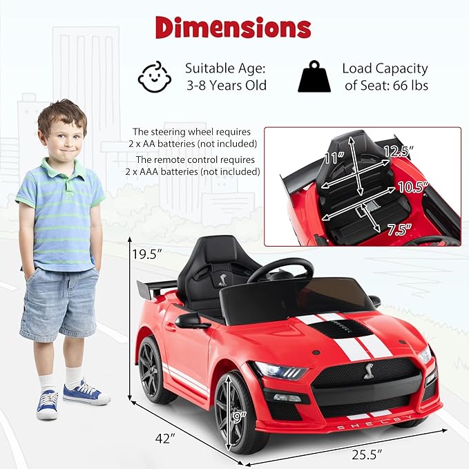 Costzon Ride on Car, 12V Licensed Ford Mustang Shelby GT500 Kids' Electric Vehicles w/Remote Control, USB Port, Radio, Music, Player, High Low Speed & Soft Start, Racing Kids Car for Toddlers (Red)-CubbioJoy