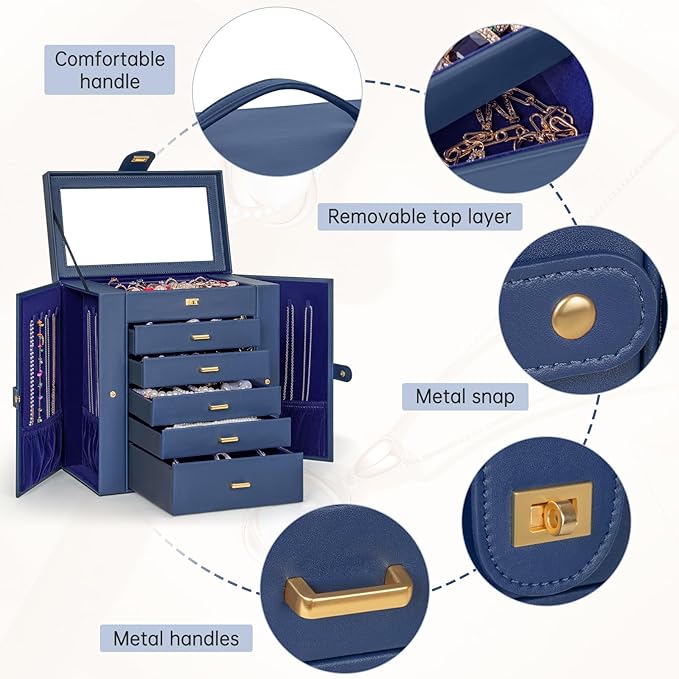 AKOZLIN Extra Large 6-Tier Jewelry Box Organizer Functional Huge, 5 Drawers Leather Jewelry Storage Case for Women Girls Ring Necklace Earring Bracelet Holder Organizer with Mirror Blue-CubbioJoy