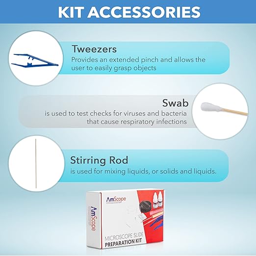 AmScope Microscope Slide Preparation Kit - Includes Blank Microscope Slides, Eosin Red & Methylene Blue Stain Powders, Tweezers, Swab & More - 22-Piece Kit-CubbioJoy