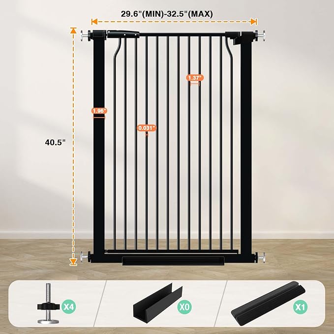 40.5" Extra Tall Baby Gate, 29.6"-32.5" Extra Wide Dog Pet Gate Pressure Mounted, Puppy Dog Proof Indoor Barrier, No Drill Safety Child Gate for Stairs 1.37" Narrow Space Metal Black Gate-CubbioJoy