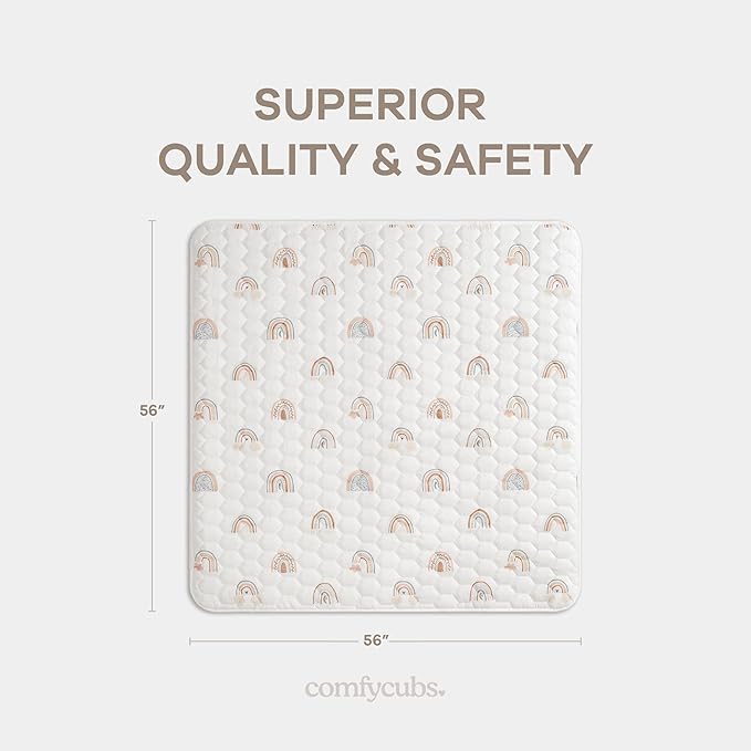 Comfy Cubs Square Kids Play Mat - 56 x 56 inches Soft Quilted Baby Floor Mat with Non-Slip Bottom - Plush Design for Toddlers' Playtime and Relaxation - Comfortable and Durable - Rainbow-CubbioJoy