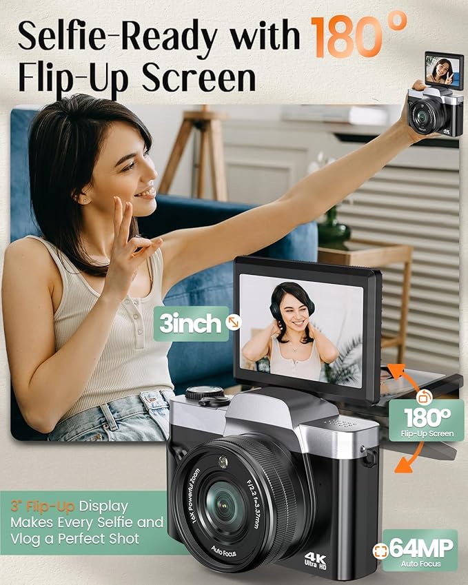 4K Digital Camera for Photography with WiFi,64MP Autofocus Vlogging Camera for YouTube,3'' 180° Flip Screen Compact Travel Camera for Teens with 32GB SD Card,16X Zoom,Anti-Shake,2 Batteries(Charcoal)-CubbioJoy