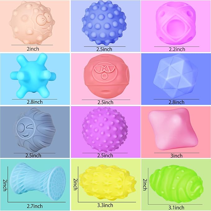 12 Pcs Sensory Balls for Toddlers, Sensory Baby Toys, Montessori Toy for Babies Squeeze, Infant Toys Soft Multi Ball Set Gifts with Bright Color Textured-CubbioJoy