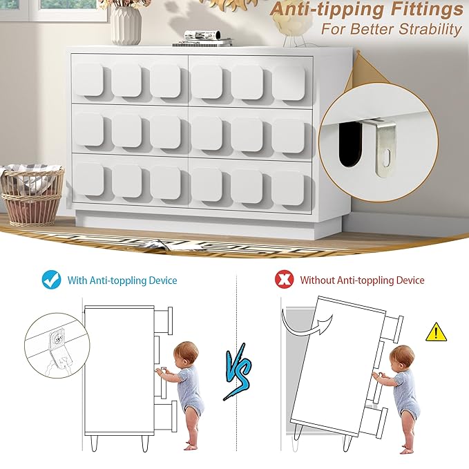Anbuy White Baby Dresser for Bedroom, Dresser for Baby with 6 Drawers, Storage and Organization Unit with Square Handles, for Nursery, Kids-CubbioJoy