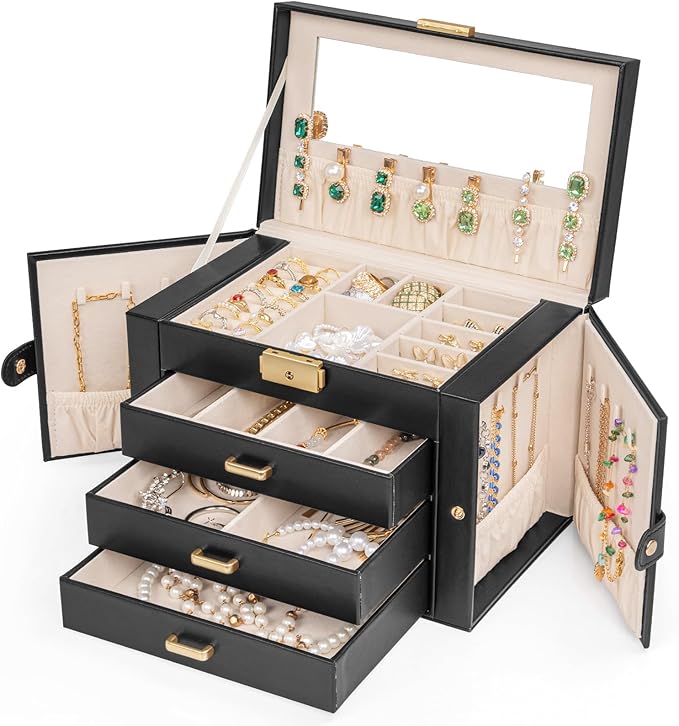 AKOZLIN Large 4-Tier Jewelry Box Leather Jewelry Storage Organizer with 3 Drawers Lockable for Women Girls Ring Necklace Earring Bracelet Watches Holder with Mirror Black-CubbioJoy