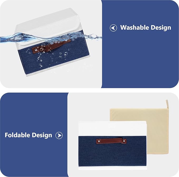 ANMINY 2PCS Storage Boxes with Lid Washable Decorative Storage Bin Basket with PU Leather Handle Foldable Linen Fabric Storage Cube Container for Home Closet Organizer - Deep Blue White, Large Size-CubbioJoy