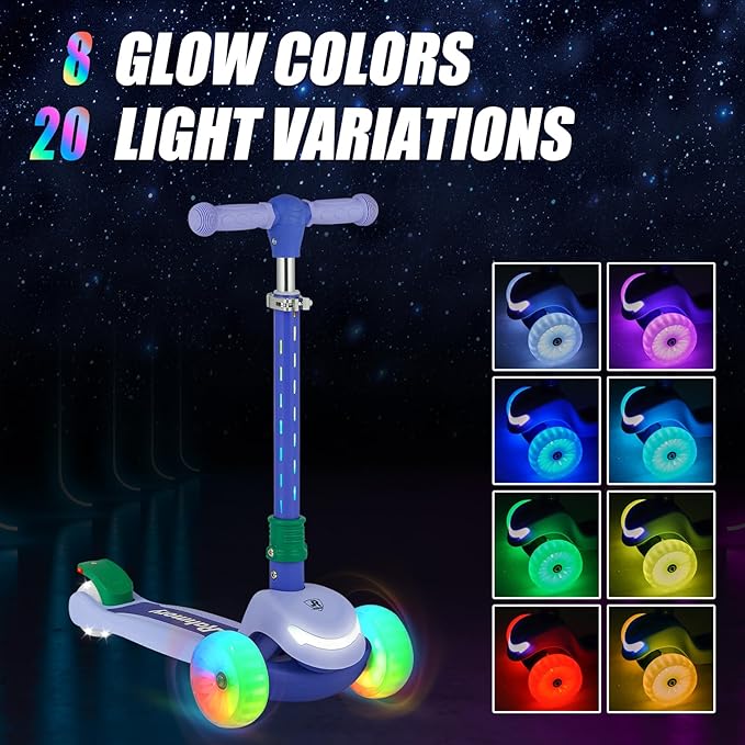3-Wheel Light-Up Kids Scooter, 20 Different Light Patterns,Three Adjustable Heights,Lean to Steer, Balance Scooter for Ages 3-8-CubbioJoy