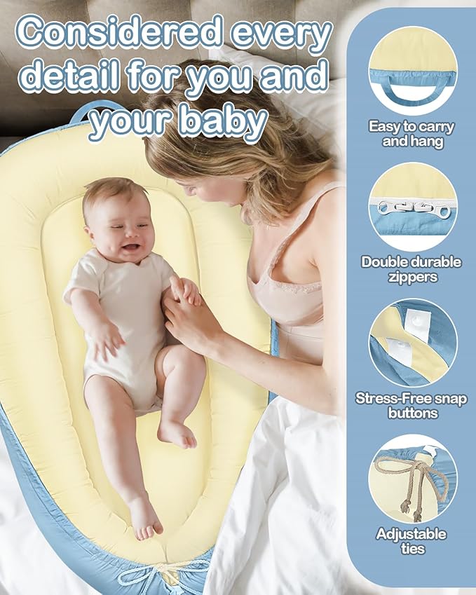 Baby Lounger - Infant Lounger for Newborn 0-25 Months, Waterproof Inner Cover and Pure Cotton Breathable Baby Nest Cover, Newborn Lounger for Baby Boys&Girls, Portable Baby Bed for Home and Travel-CubbioJoy