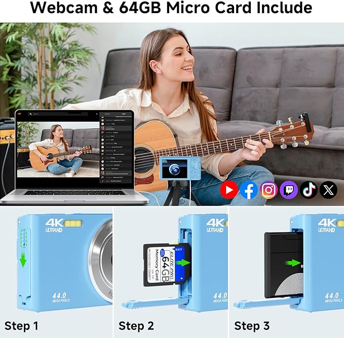 Digital Camera, FHD 4K 44MP Digital Camera, 16X Digital Zoom, Digital Point and Shoot Camera with 3-LED Fill Lights, 64GB SD Card, Compact Camera for Kids Teen Boys Girls, Blue-CubbioJoy