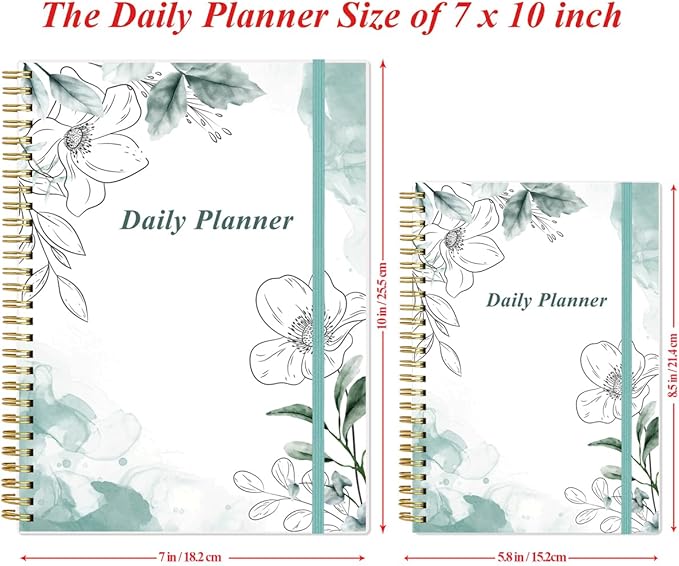 Daily Planner Undated - B5 To Do List Notebook Hourly Schedules, Spiral Appointment Planner for Women and Men, PVC Hardcover, Inner Pocket, Elastic Closure, 7" x 10", Teal Flowers-CubbioJoy