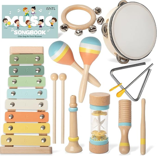 Baby Musical Instruments - Wooden Montessori Toys for Toddlers 1-3,Modern Boho Xylophone Includes Songbook with 13 Kids' Songs,Neutral Colors Wooden Percussion Instruments Set-CubbioJoy