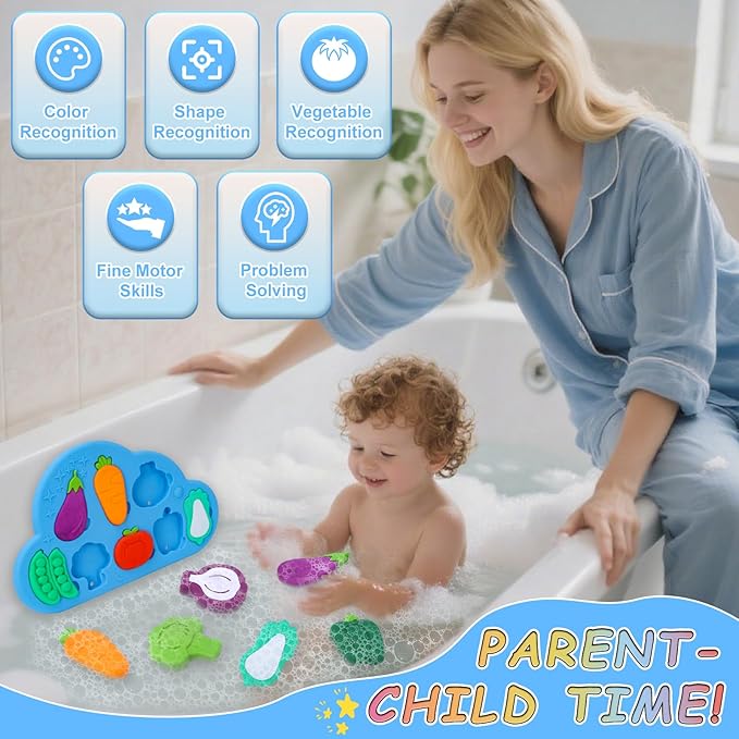 Baby Bath Toys, 100% Silcone Mold Free Vegetable Bath Toys, Soft Toddlers Floating Bathtub Toy, No Hole Tub Water Toys, Shape Sorting&Matching Educational Learning Toys Gift for Boys Girls Kids-CubbioJoy