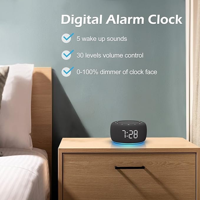 Buffbee Sound Machine & Alarm Clock 2-in-1, 0-100% Clock Face Brightness, Bottom Colored Light, Sleep Timer, Precise 30-Level Volume Control White Noise Machine-CubbioJoy