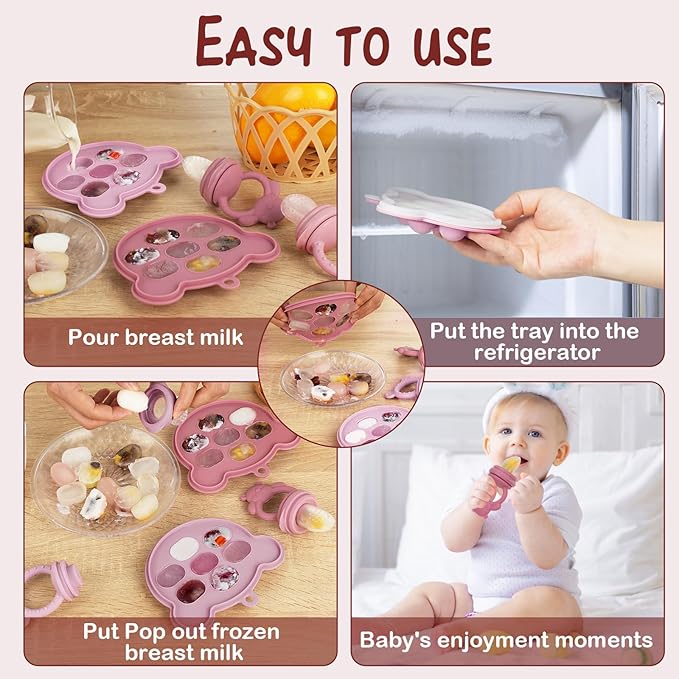 Baby Breastmilk Popsicle Molds & Baby Fruit Feeder (6 Pack), WAJIAYON Baby Food Freezer Tray Storage Containers, Silicone Teething Pacifier Feeder and Teether for Babies,Moss and Fawn Baby Feeder-CubbioJoy