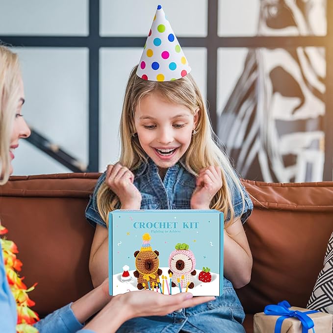 Crochet Kit for Beginners-2PCS Animals Brown and Beige Capybara Crochet Kit with Step-by-Step Video Tutorials, Stuffed Animal Knitting Kit for Adult Kids, Capybara Party Crocheting Kit for Birthday-CubbioJoy