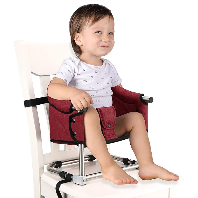 Booster Seat for Dining Table: Portable Toddler Booster Chair with Safety Buckle and Height Adjustable, Foldable Baby Feeding Chair, Kids High Chair Booster Seat for Kitchen Home Travel - Red-CubbioJoy