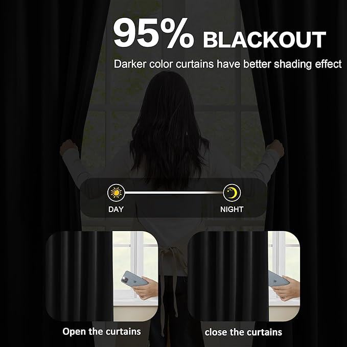 KEQIAOSUOCAI Black Pinch Pleated 60 Inch Wide Curtains 60 x 95, Thermal Insulated Noise Cancelling Living Room Office Drapes 95 Inches Long, Patio Sliding Glass Door Window Curtain 2 Panels-CubbioJoy
