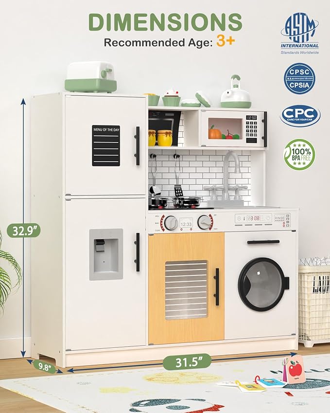 Babytronic Wooden Kitchen Playset for Kids, Interactive Play Kitchen with Lights & Sounds, Children Pretend Toy Kitchen Set with Faucet, Oven, Microwave, Kitchenware for Toddlers Ages 3+ (White)-CubbioJoy