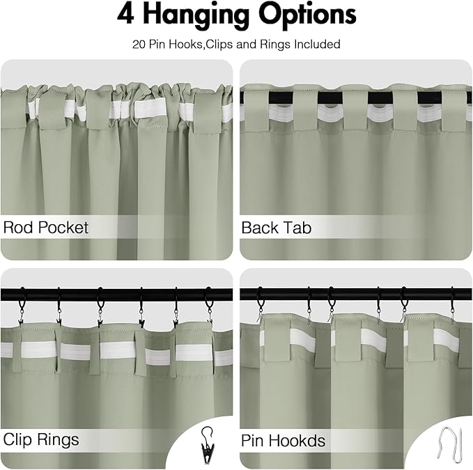 ANRODUO Back Tab Blackout Curtains for Bedroom Living Room, Rod Pocket Pinch Pleated Thermal Insulated Room Darkening Curtains 72 Inches Long 2 Panels, Sage Green, 52 x 72 Inch-CubbioJoy