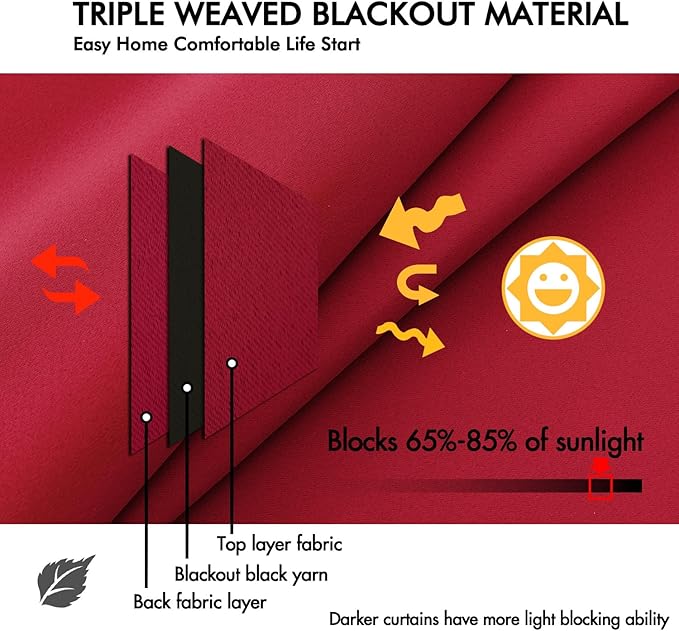 ANRODUO Back Tab Blackout Curtains for Bedroom Living Room, Rod Pocket Pinch Pleated Thermal Insulated Room Darkening Curtains 72 Inches Long 2 Panels, Red, 42 x 72 Inch-CubbioJoy