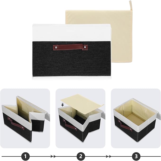 ANMINY Storage Boxes with Lids Washable Decorative Storage Bins Basket with PU Leather Handle Foldable Linen Fabric Storage Cubes Containers for Home Closet Organizer - Black White, Small Size-CubbioJoy