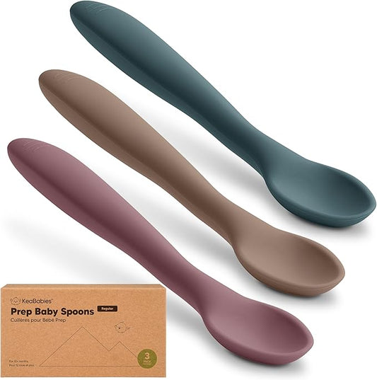 KeaBabies Silicone Baby Spoons, Self Feeding 6-12 months - 3-Pack Baby Weaning Eating Utensils, Toddler First Food Training Spoon, Infant, Kids Feeding Supplies Essential Set, Dishwasher-safe (Rocky)-CubbioJoy