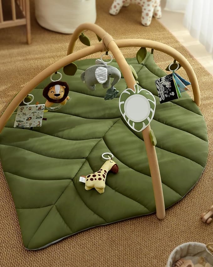 Blissful Diary Baby Play Gym & Activity Mat, Oversize Leaf Shaped Baby Play Mat w 6 Detachable Toys, Tummy Time Mat Promote Motor Skills & Sensory Development Mat, Newborn Infant Baby Essentials Gift-CubbioJoy