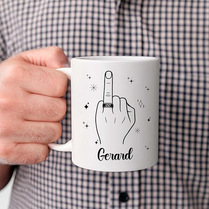 Customized Name Ring Finger Accent Coffee Mug Gift For Men Mr His Fiance Husband Groom, Ring Engaged Coffee Cup 11 Oz 15 Oz, Personalized White Mug Gift For Wedding Bridal Shower Bachelorette Party-CubbioJoy