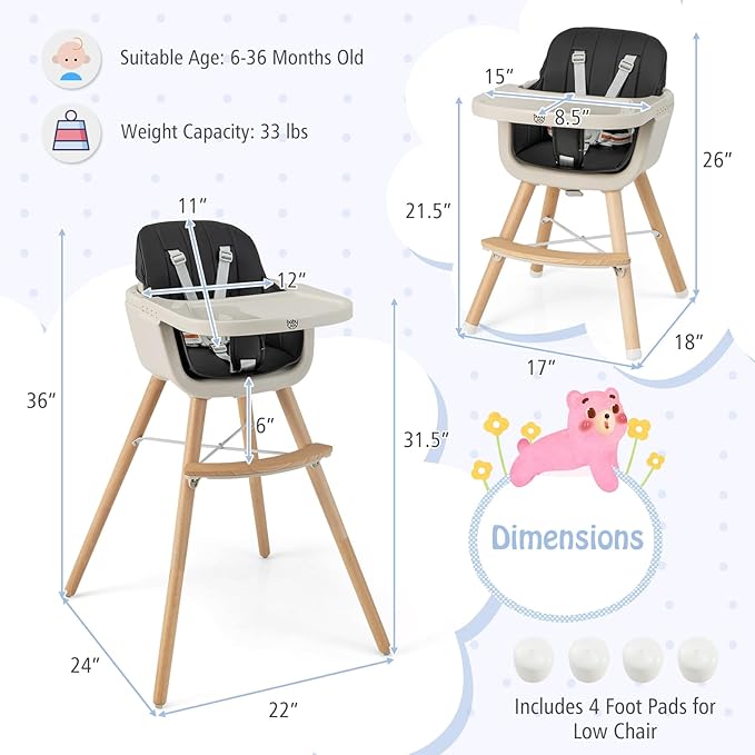 BABY JOY Baby High Chair, 3-in-1 Convertible Wooden Highchair for Babies & Toddlers, Infant Feeding Chair w/ 5-Point Safety Harness, Footrest, Adjustable Legs, Removable Tray & PU Cushion (Black)-CubbioJoy