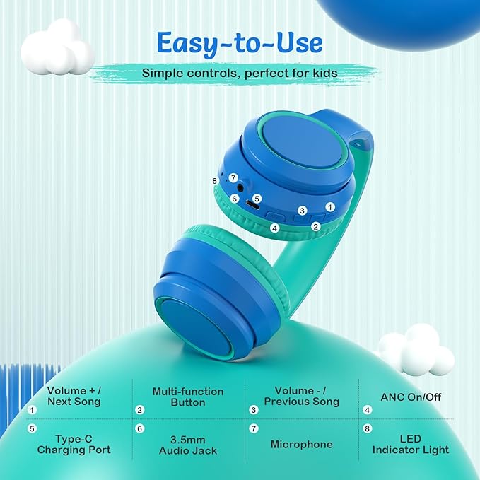 Active Noise Cancelling Headphones for Kids, 60H Playtime, Wireless Bluetooth Over-Ear Blue Headset Built-in Microphone for Home/School/Travel/Party - Includes Portable Case-CubbioJoy